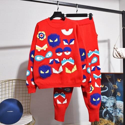 Autumn Fashion Red Little Monster Embroidery Loose Knitted Sweater Women Tops Little Feet Pants Two Piece Set Ladies Tide H1633