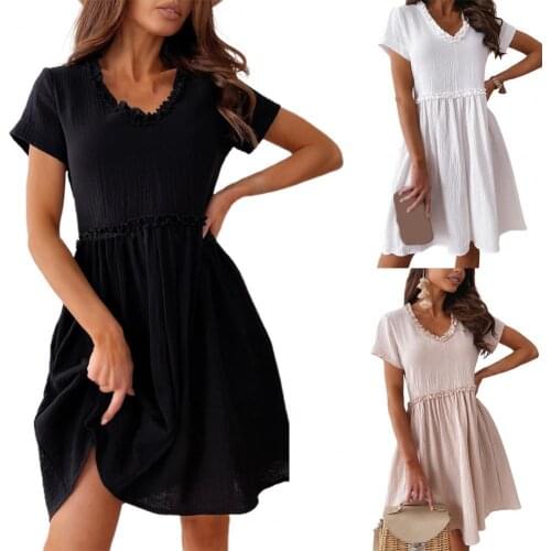Women Leisure Dress Lacework High Waist V Neck A Line Dress Daily Wear