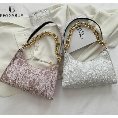 2021 Pleated Female Handbag Fashion Women Pleated Flowers PU Underarm Bag Casual Thick Chain Shoulder Bags Women