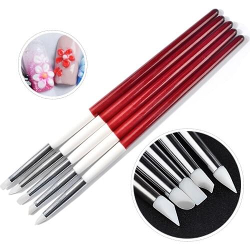 5pcs/set Silicone Nail Art Brush Red Wooden Handle UV Gel Polish Sculpture Glitter Mirror Powder Applicator Manicure Nail Tools