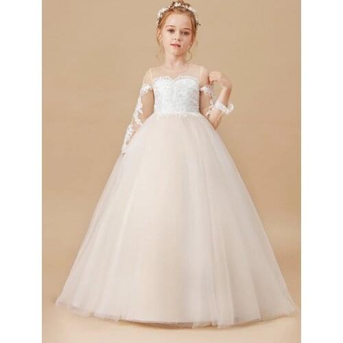 Girls Banquet Dress Baby Kids Clothes White Wedding Children Clothing Invisible Neckline Girl Applique Long Sleeve Dresses