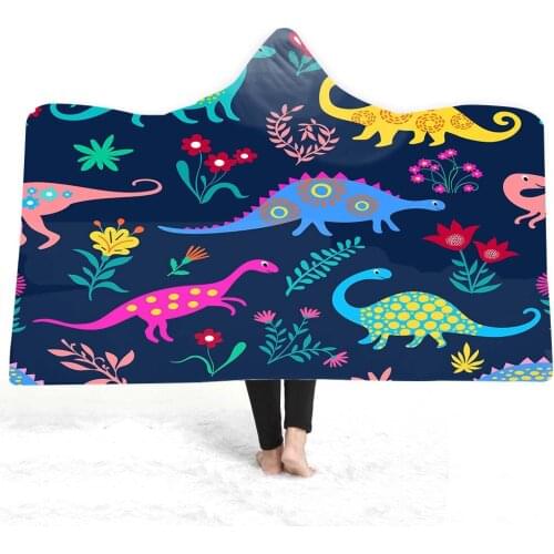 Free shipping Cute Cartoon Dinosaurs Dino Flowers Sherpa Fleece Adult Kids Hooded Blanket Cloak Throw Birthday Holiday Gift