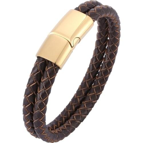 Punk Brown Double Braided Leather Rope Bracelet Men Jewelry Vintage Stainless Steel Magnetic Clasp Male Wristband Gifts PD0511