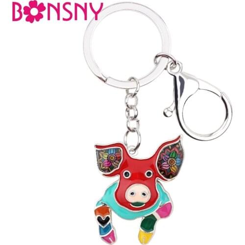 Bonsny Enamel Alloy Sweet Pig Key Chains Animal Jewelry Purse Bag Car Key Rings Lady Girl Decorations Accessory 2019 New Design