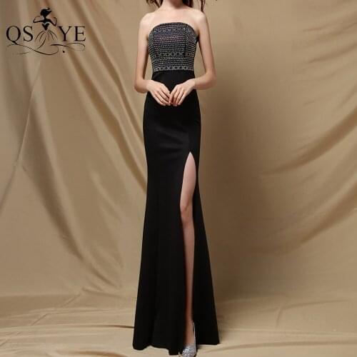 Strapless Black Evening Dresses Stretch Split Prom Gown Hot Drill Party Dress Bead Sequin Party Gown Off Shoulder Women Dress