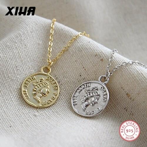 Long Chain 925 Sterling Silver Ancient Coin Necklace for Women Disc Gothic Chunky Choker Necklaces with Charms Statement 2019