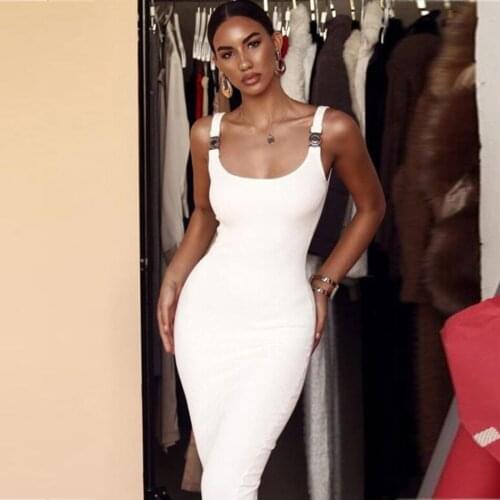 Elegant White Bandage Dress Summer New Fashion Sexy Knitted Buckle Strap Ribbed Bodycon Party Dress