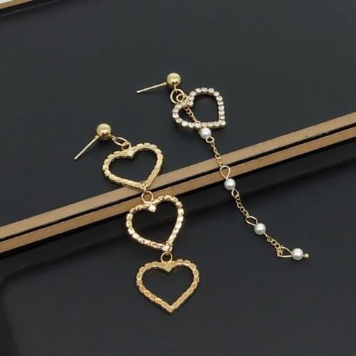 Korean Women Heart-shaped Asymmetric Dangle Earrings Simple Rhinestone Pearl Crystal Chain Jewelry Oorbellen Long Earrings