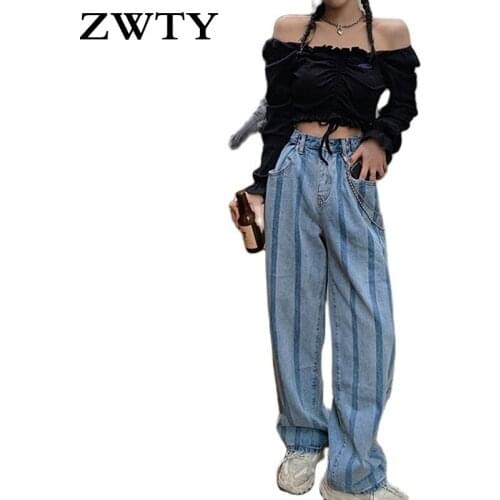ZWTY Korean Women Stripe Jeans for Loose High Waist Straight Mom Jeans Office Ladies Casual Wide Leg Denim pants Female Streetwe