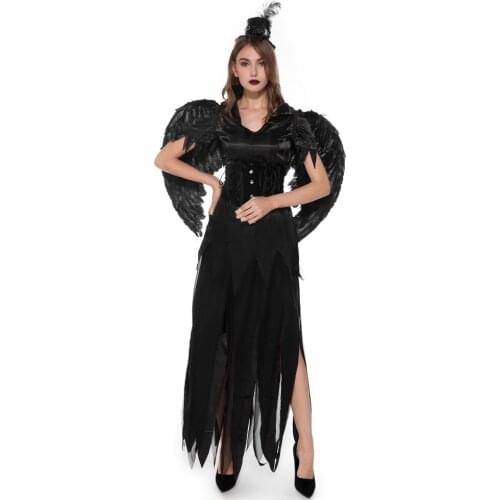 Black Dark Devil Fallen Angel Vampire Costume Adult Halloween Costumes for Women Gothic Witch Costume (Dress ,Belt,Hat,Wing)