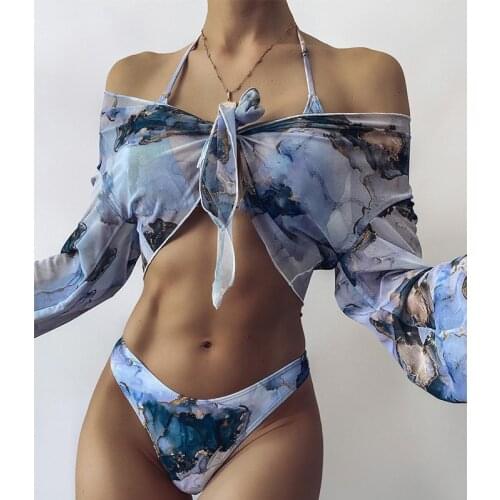 2021 Print Push Up Bikini Marble Womens Swimsuit High Waist Swimwear Three-piece Beachwear Sport Swimming Female Bathing Suit L