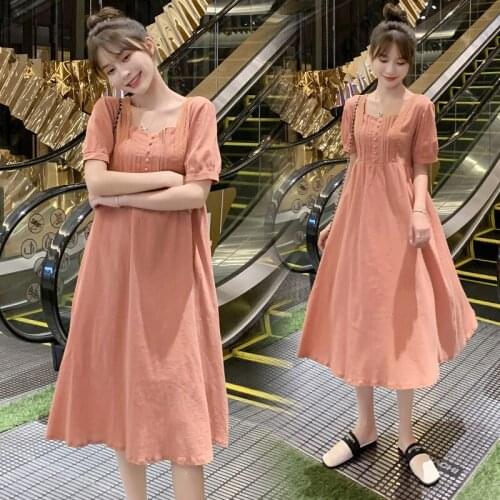 Hot! Pink Cotton Long Maternity Dress 2021New Summer Fashion A-Line Loose High Waist Dress Clothes for Pregnant Women Pregnancy