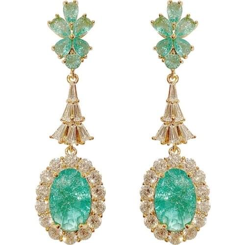 QTT Luxury 18K Yellow Gold Color Oval Green Crystal Drop Long Earrings for Women Vintage Cubic Zirconia Paved Fine Jewelry
