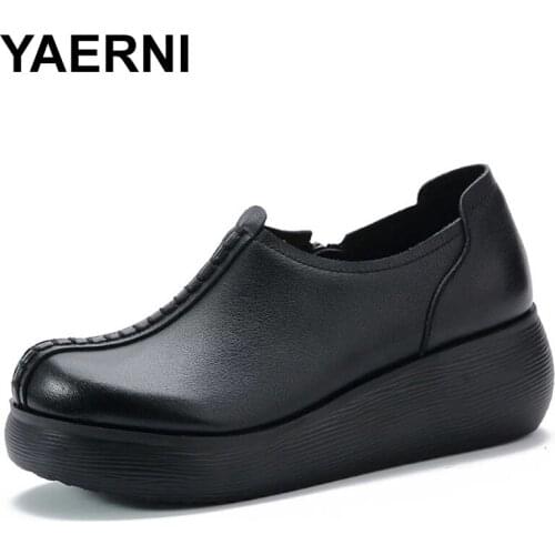 YAERNI 2021 Spring New Light Comfortable Slope Heel Platform Shoes Round Toe Genuine Leather Shoes Casual Shoes High Heels Black