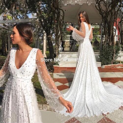 Pearls A line White Muslim Evening Dresses 2020 Long Lantern Sleeves Deep V Neckline Zipper Back Court Train Prom Party Gowns