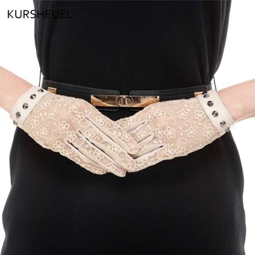 Women Rivet Decoration Patchwork Sheepskin Leather Lace Gloves Fashion Summer Daily Party Genuine Leather Gloves Driving AGD517
