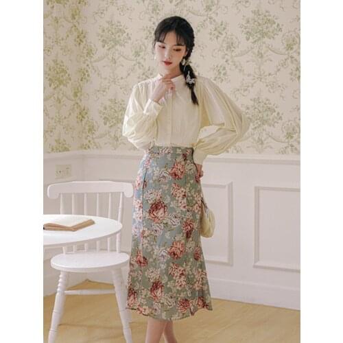 Korean Two Piece Set Women Elegant Suit 2021 Autumn Vintage Lantern Sleeve White Shirt + Rose Print Skirt Sets