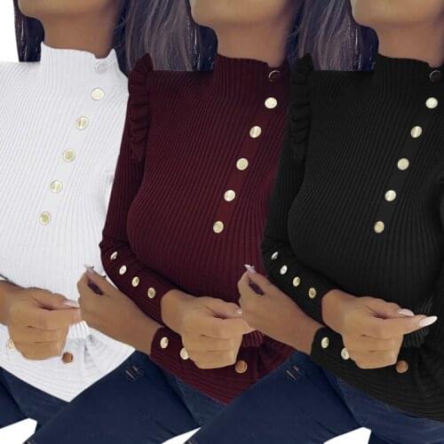 Women Long Sleeve Turtleneck Sweater Ruffles Patchwork Buttons Pullover Top Solid Color Ribbed Knit Slim Jumper Shirt