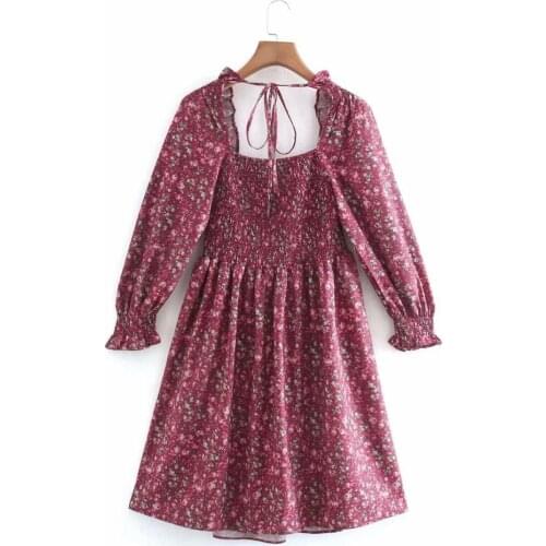 Women Dress Za Vintage Floral Print Loose Autumn Dresses Long Sleeve Square Collar Bow Tie A-Line Sexy Party Dress Mujer Vestido