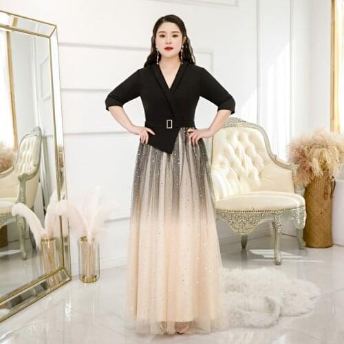 Shiny Sequin Woman Formal Evening Dress A-Line Floor-Length Lace Regular V-Neck Three Quarter Sleeve Natural Party Dresses D036