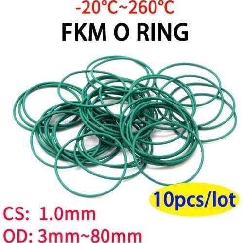 10pcs CS 1mm OD 3~80mm Green FKM Fluorine Rubber O Ring Sealing Gasket Insulation Oil High Temperature Resistance Green