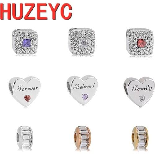 2pcs Stainless Steel Square Heart Big Crystal Beads Septal Bead Fit Original Pandora Charm Childrens Bracelet Jewelry Gift