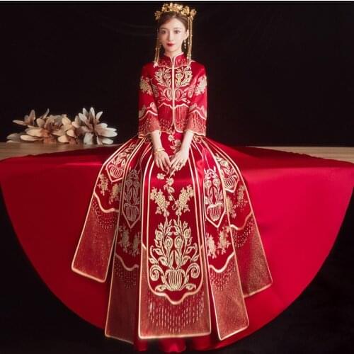 Beading Flower Embroidery Tassle Cheongsam Traditional Chinese Couple Wedding Suit Elegant Bride Marry Dress китайская одежда