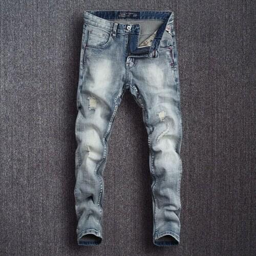European Vintage Fashion Men Jeans Retro Light Blue Elastic Slim Fit Ripped Jeans Men Patchwork Designer Casual Denim Pants