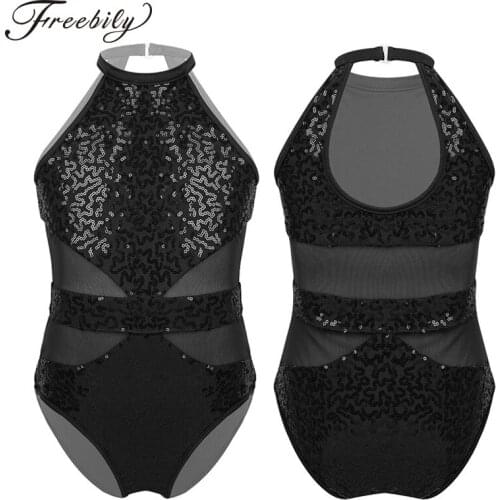 Girls Gymnastics Leotard Sparkly Sequins Kids Sleeveless Ballet Dance Jumpsuit Halter Mesh Splice Cutouts Back Child Dancewear