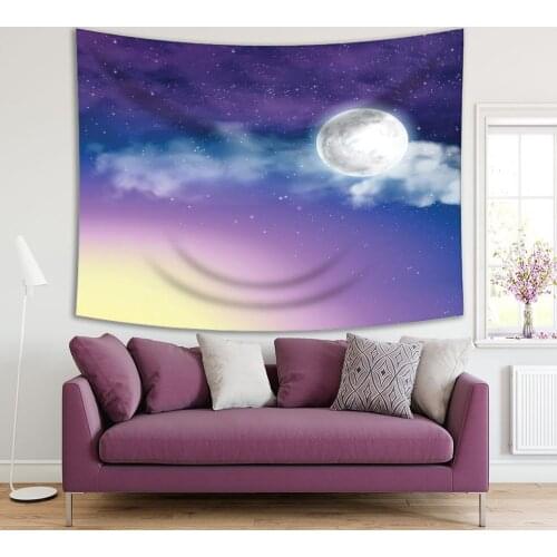 Tapestry Full Moon Against the Galaxy and Milky Way Clouds Shining Stars Moonlight Night Scenery Purple Blue White