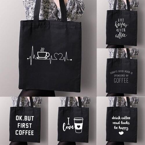 First Coffee Printing Canvas Shopping Black Bags Mom Life Women Cotton Buckle Tote Bags Female Shopper Teacher Student Book Bags