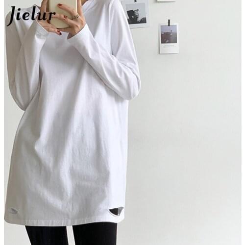 Jielur Womens T-shirt Cartoon Holes White Basic Tee Shirt Bottoming Casual Loose T-shirts Solid Color Long Sleeve Tops S-XL