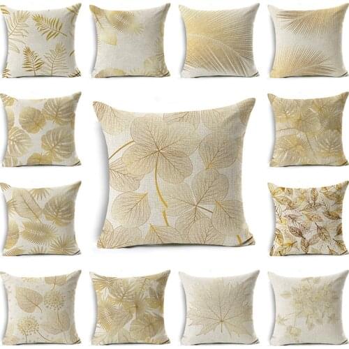 KISVODS Golden Leaves Cushion Cover 45x45cm Linen Decorative Pillow Cover Sofa Bed Pillow Case