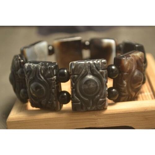 Collectible Treasure Talisman LKbrother Sauces Energy Tibetan Onyx OM Scuptural Words Flat Bead Big Bracelet Man Carving