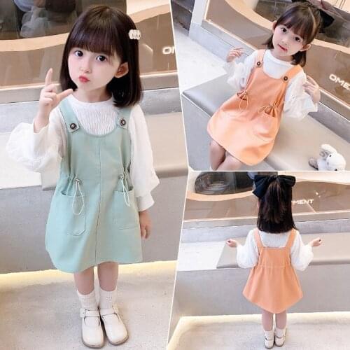 Girls suspender skirt suit Western autumn new children puff sleeve bottoming shirt female treasure waist skirt Korean version