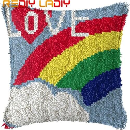 Latch Hook Cushion Love Rainbow Pillow Case Pre-Printed Color Canvas Acrylic Yarn Latched Hook Pillow Crochet Cushion Cover Kits