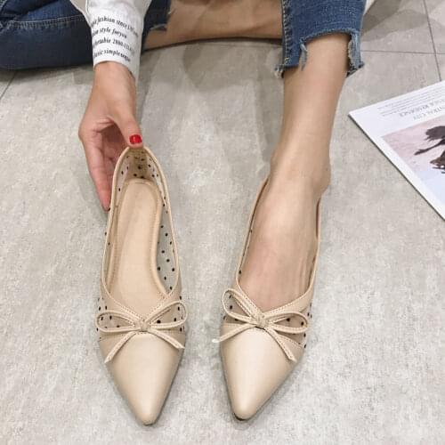 2021 Summer Polka Dot Breathable Air Mesh Patchwork Bowknot Pointed Toe Flats Casual Comfortable Shallow Women Shoes Slip-On