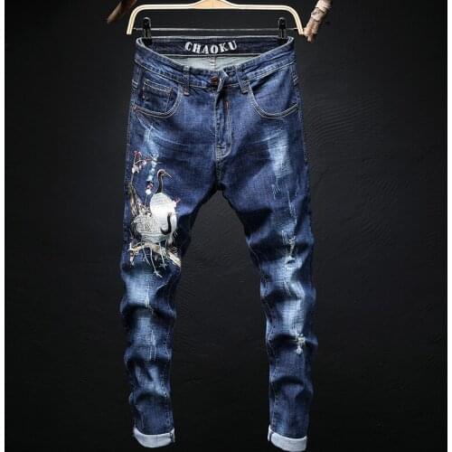 Fashion Hipster Embroidered Red Crowned Crane Distressed Straight Jeans High Quality Trousers Mens Stretch Slim Fit Denim Pants