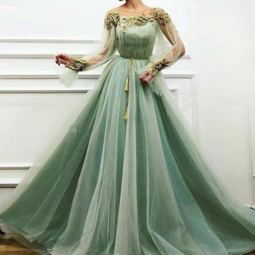 Mint Green Muslim Evening Dresses Long 2020 Sheer Full Sleeves A Line Tulle Plus Size Formal Evening Gowns Vestido De Festa Long