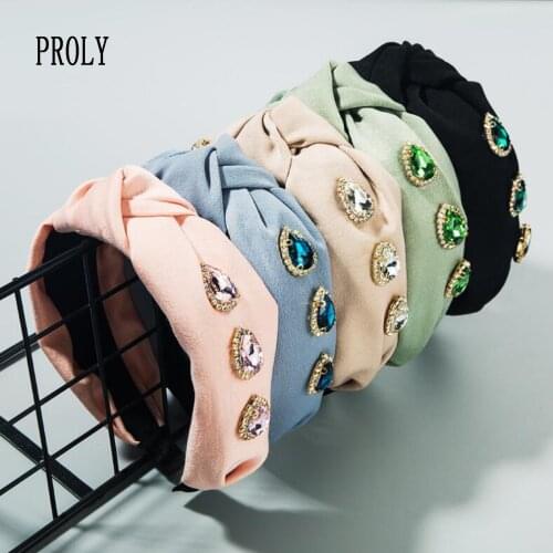 PROLY New Fashion Women Headband Soft Rhinestone Hairband Handmade Center Knot Headwear Classic Solid Hair Accessories