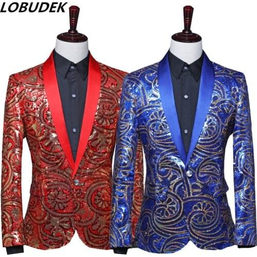 Formal Tuxedo Mens Blue Red Flower Sequins Shawl Collar Suit Jackets Singer Chorus Host Stage Performance Coat Sequin Blazers