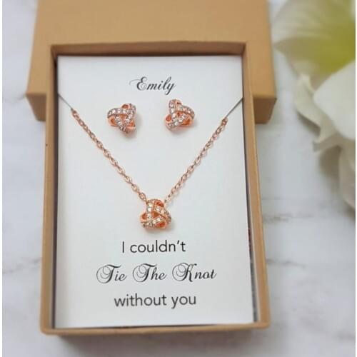 Customize Crystal bridesmaid Knot Earrings necklace Gifts, Wedding Jewelry Rose Gold, I couldn't TIE the KNOT proposal gifts