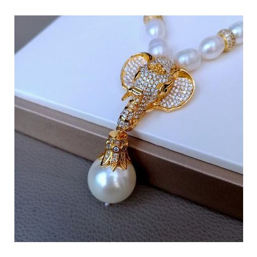10-11mm white rice freshwater cultured pearl micro inlay zircon elephant accessories necklace 20mm shell pearl pendant long 53cm