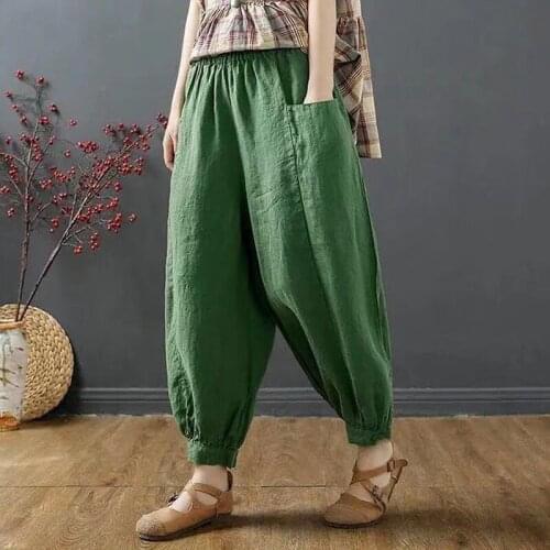 Big Size Cotton Linen Bloomers Summer New Nine-Point Pants Literary Casual Harem Pants Womens Thin Section