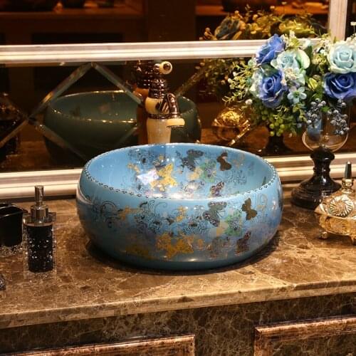 Butterfly Dance Art Basin European Ceramic Washbasin Round Table Basin Household ceramic Wash basin bathroom sink
