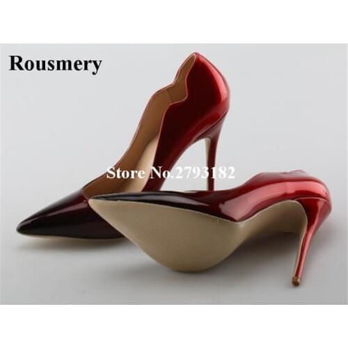 Women High Quality Patent Leather Red Gradient Stiletto Heel Pumps 10cm 12cm Pointed Toe Wave Design High Heels Dress Shoes