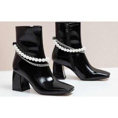 OLOMLB Womens Square Toe Patent Leather Pearls Chain Zipper Ankle Boots Block High Heel Shoes Black White Luxury New 2020