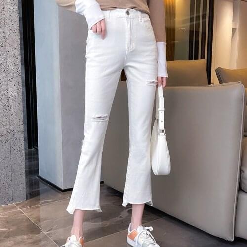 High Waist Solid White Ripped Holes Women Jeans Ankle Length Stretch Cotton Flare Denim Pants Streetwear For Girls Boyfrtiend