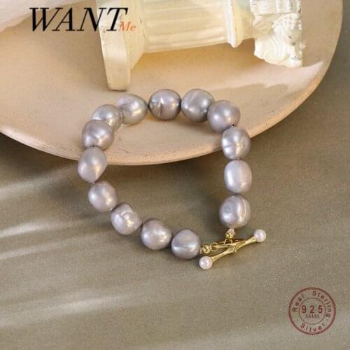 WANTME Real 925 Sterling Silver Natural Baroque Purple Pearl Charming Bracelet for Women Bohemian Fashion Party Korean Jewelry