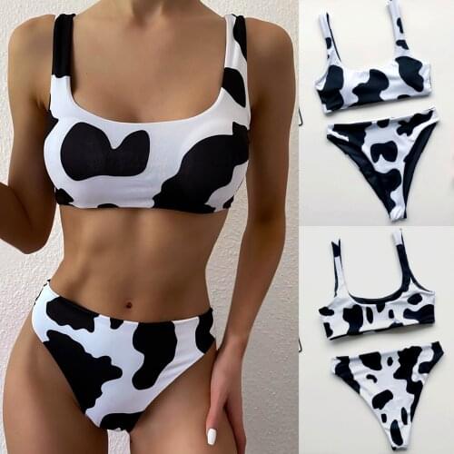 Women Bikini 2021 Sexy High Breast Cow Print Tube Top Split Bikini Set Push-up Female Push-up Beachwear Bathing Suit Biquini